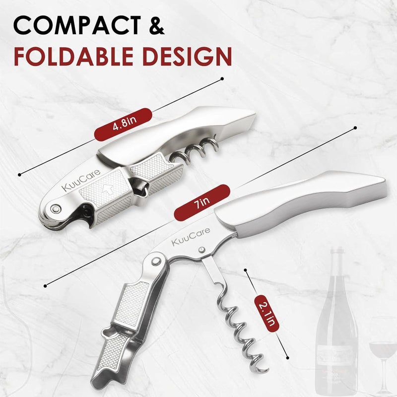 KuuCare Wine Opener Waiter Corkscrew, Premium 420 Stainless Steel Wine Bottle Opener with Foil Cutter & Cap Remover, Double Hinged Manual Wine Key for Bartenders, Servers, Waiters and Home Use, Silver - Image 5